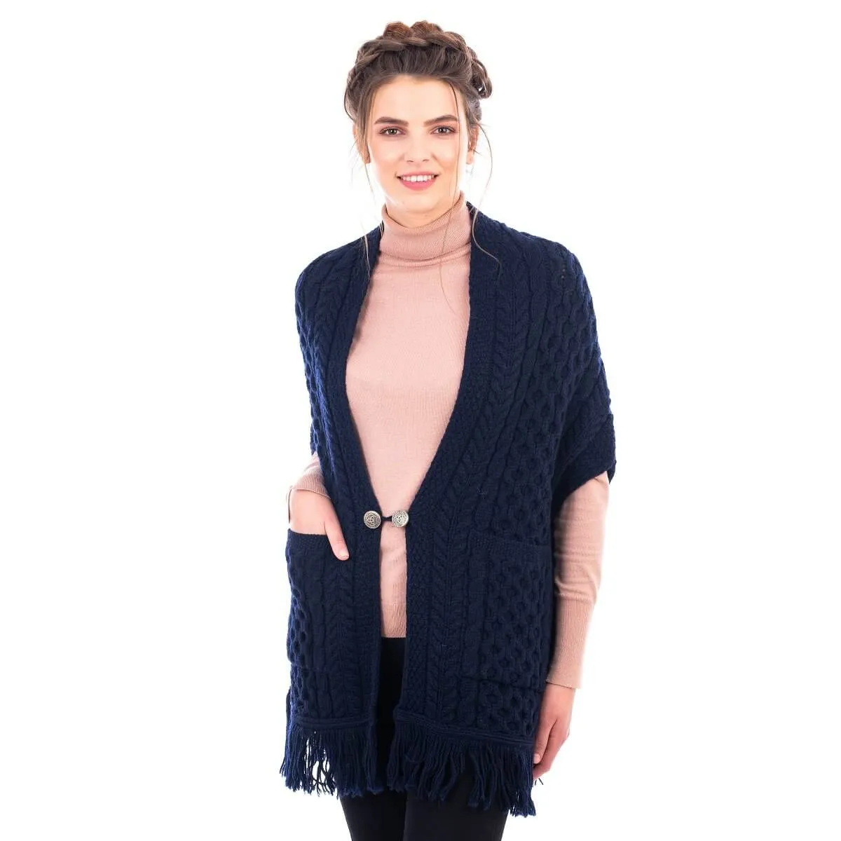 Aran Shawl Wrap Cardigan with Pockets