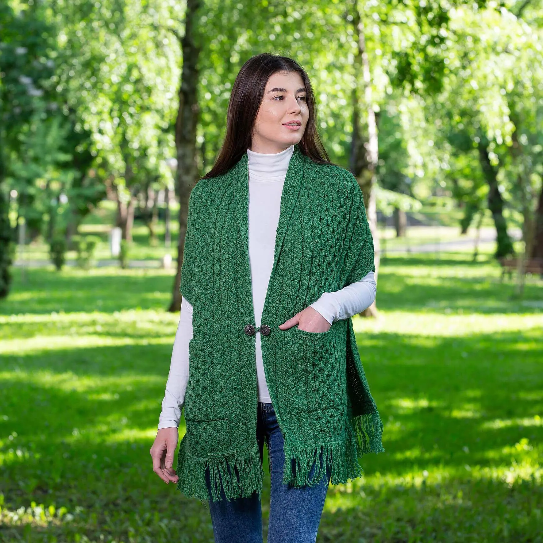 Aran Shawl Wrap Cardigan with Pockets