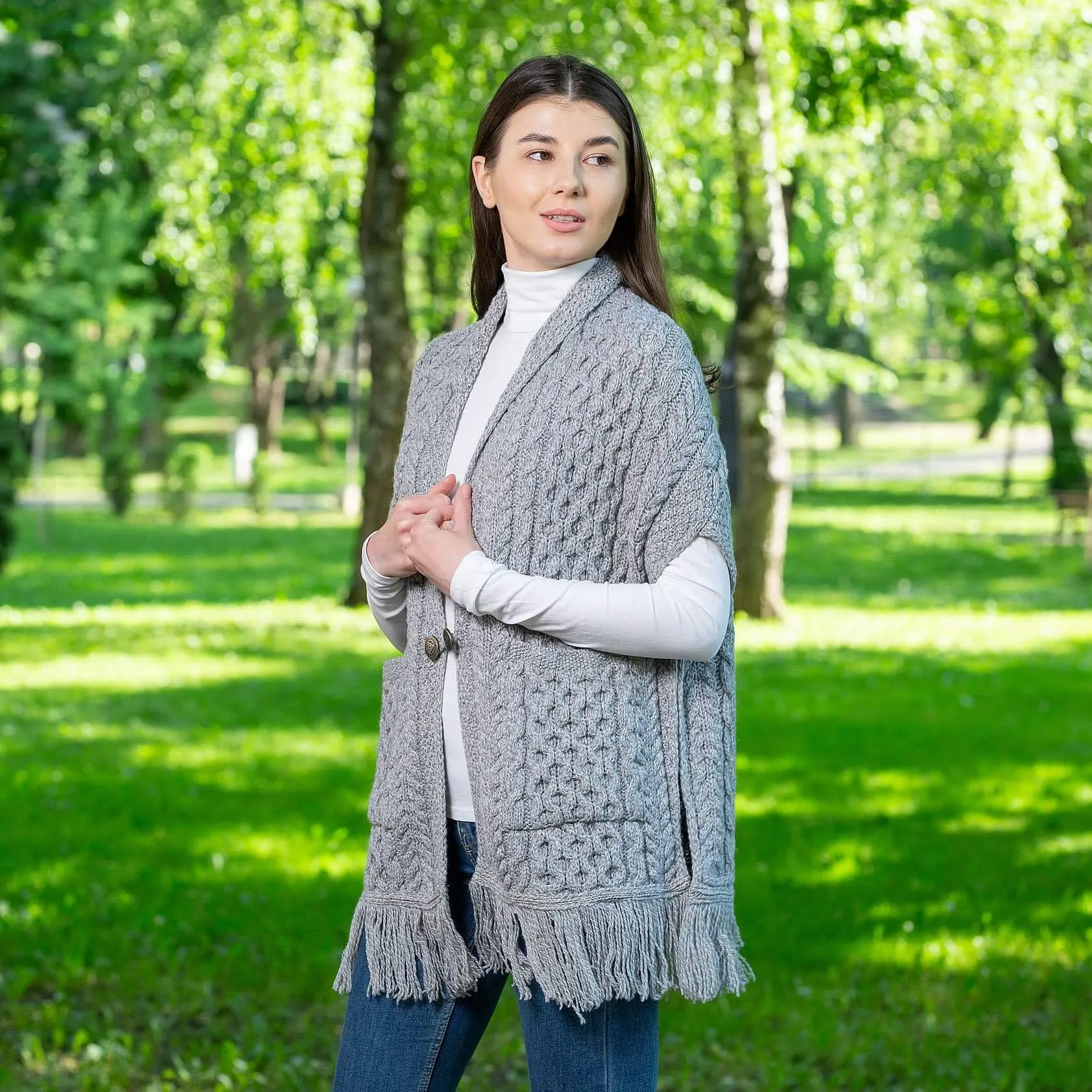 Aran Shawl Wrap Cardigan with Pockets