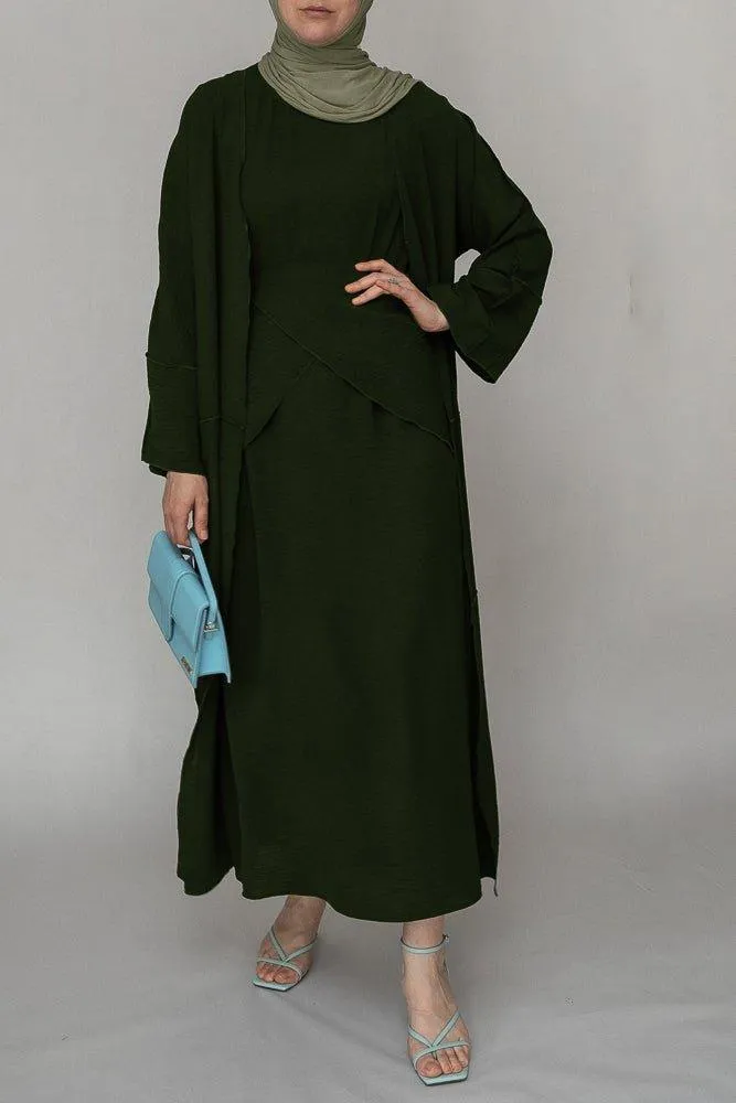 Army Green three piece maxi abaya with apron and inside out stitching