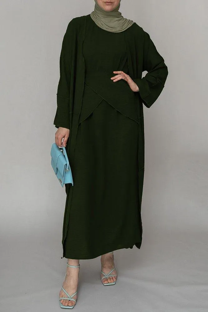 Army Green three piece maxi abaya with apron and inside out stitching