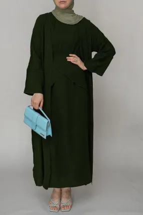 Army Green three piece maxi abaya with apron and inside out stitching