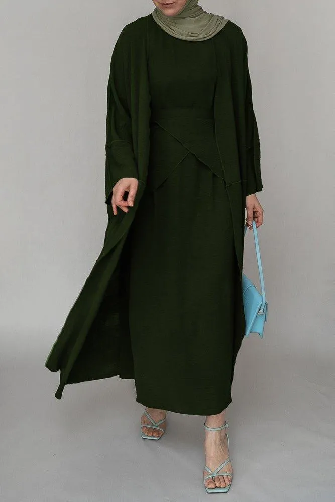 Army Green three piece maxi abaya with apron and inside out stitching