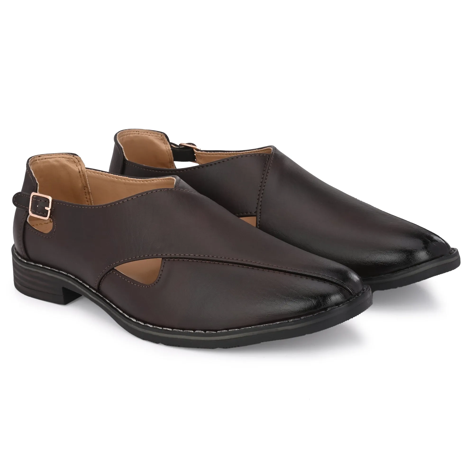 Attitudist Unisex Handcrafted Criss Cross Matte Brown Formal Loafer Peshawari Shoes With A Buckle