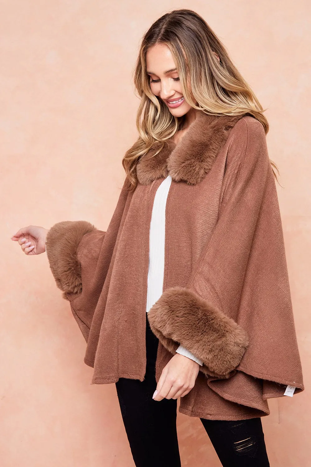 Batwing Sleeve Faux Fur Trimmed Poncho Sweater Cape