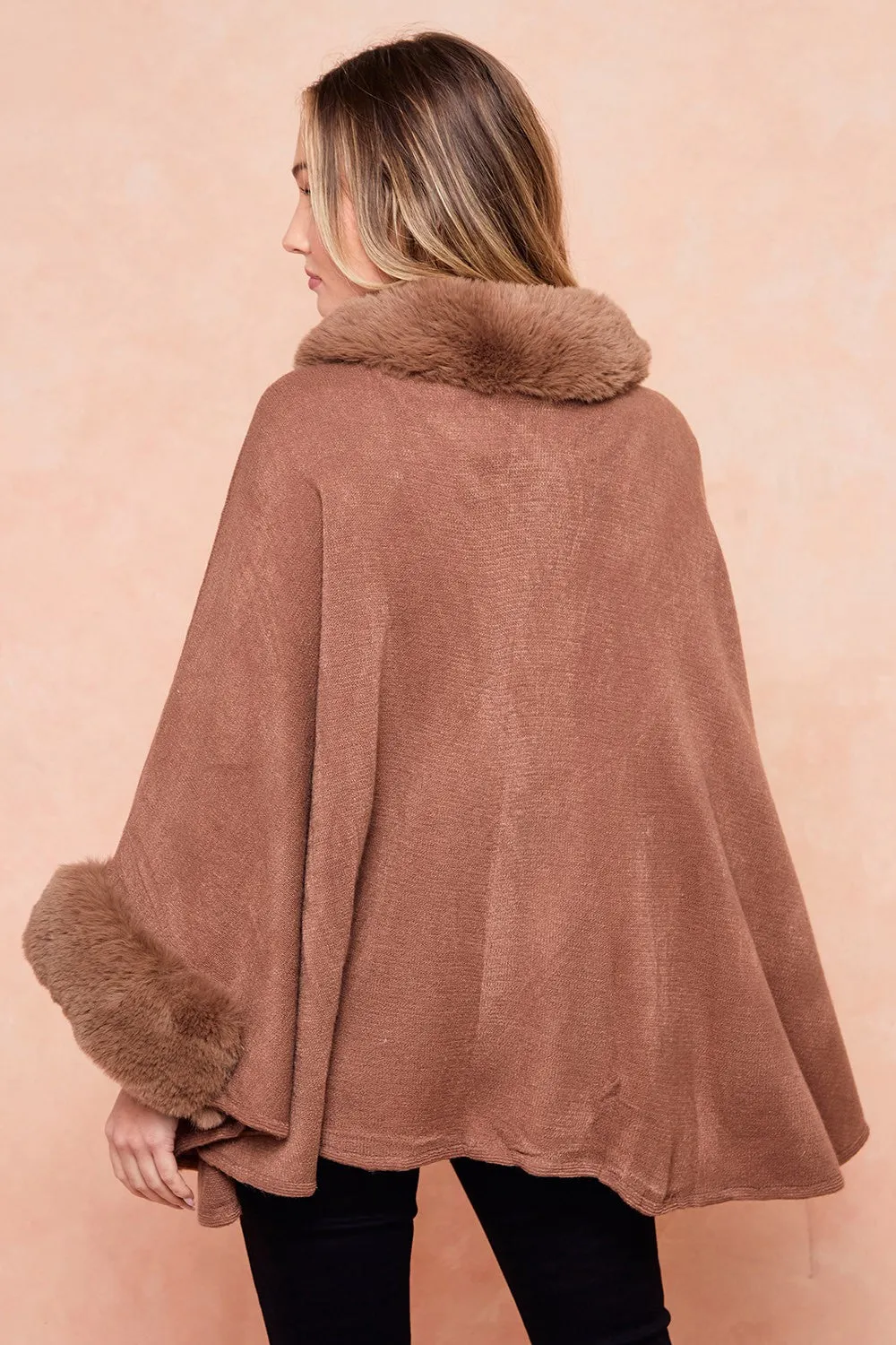 Batwing Sleeve Faux Fur Trimmed Poncho Sweater Cape