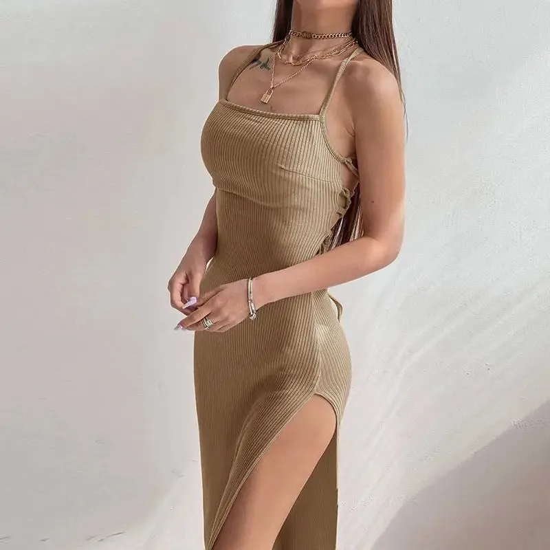 Beach Sexy Backless Bodycon Bandage Slip Midi Dress for WomenSummer Wrap Slim Spaghetti Strap Dresses