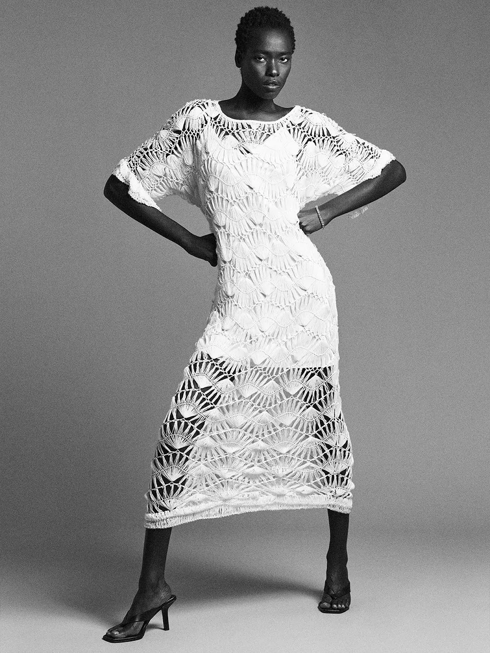 Beaded Crochet Dress -- Off White