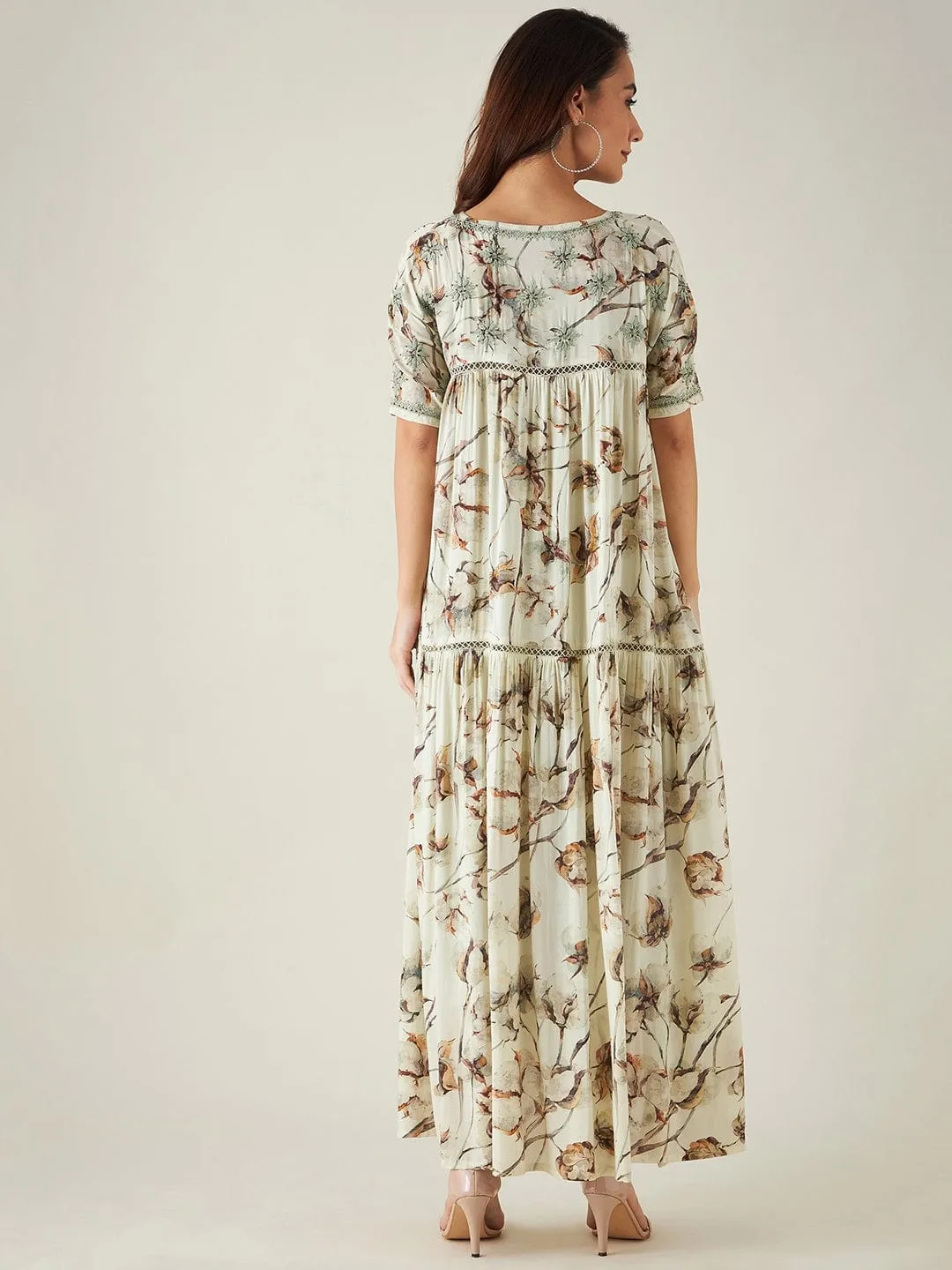 Beige and Green Floral Print Hand Embroidered Dress