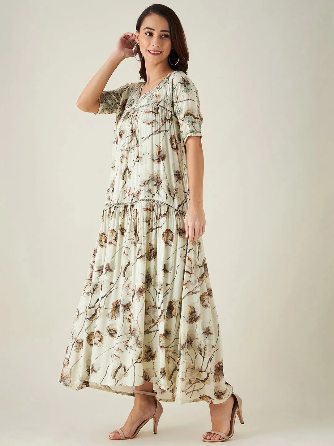 Beige and Green Floral Print Hand Embroidered Dress