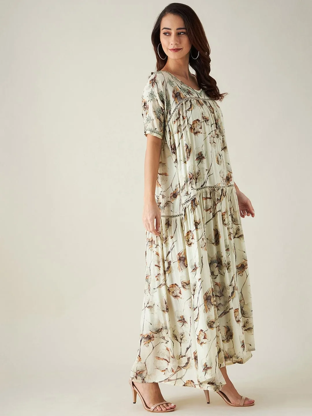 Beige and Green Floral Print Hand Embroidered Dress