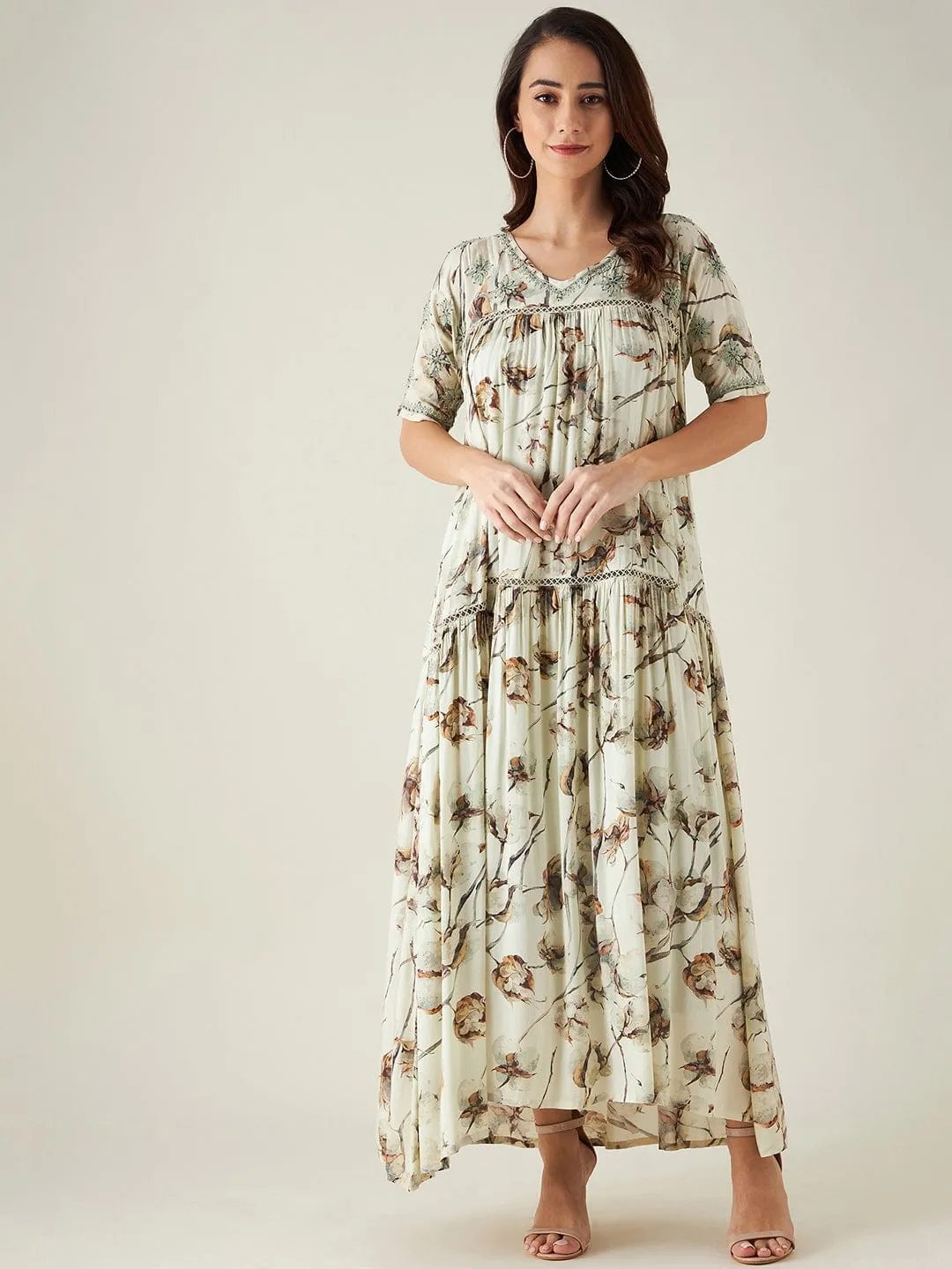 Beige and Green Floral Print Hand Embroidered Dress