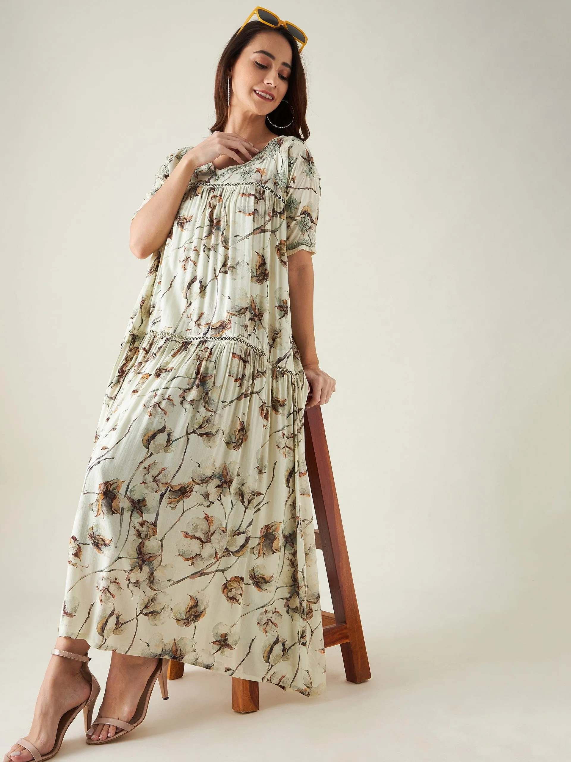 Beige and Green Floral Print Hand Embroidered Dress