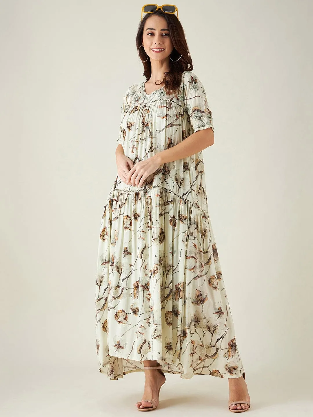 Beige and Green Floral Print Hand Embroidered Dress