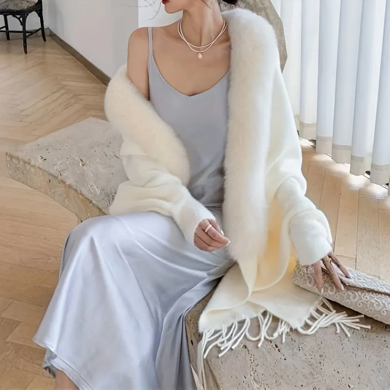 Beige Luxury Imitation Mink Shawl Cardigan - Soft Knitted Warmth, Oversized Tassel Cape - Stylishly Elegant, Ultimate Coldproof for Outdoor Chic