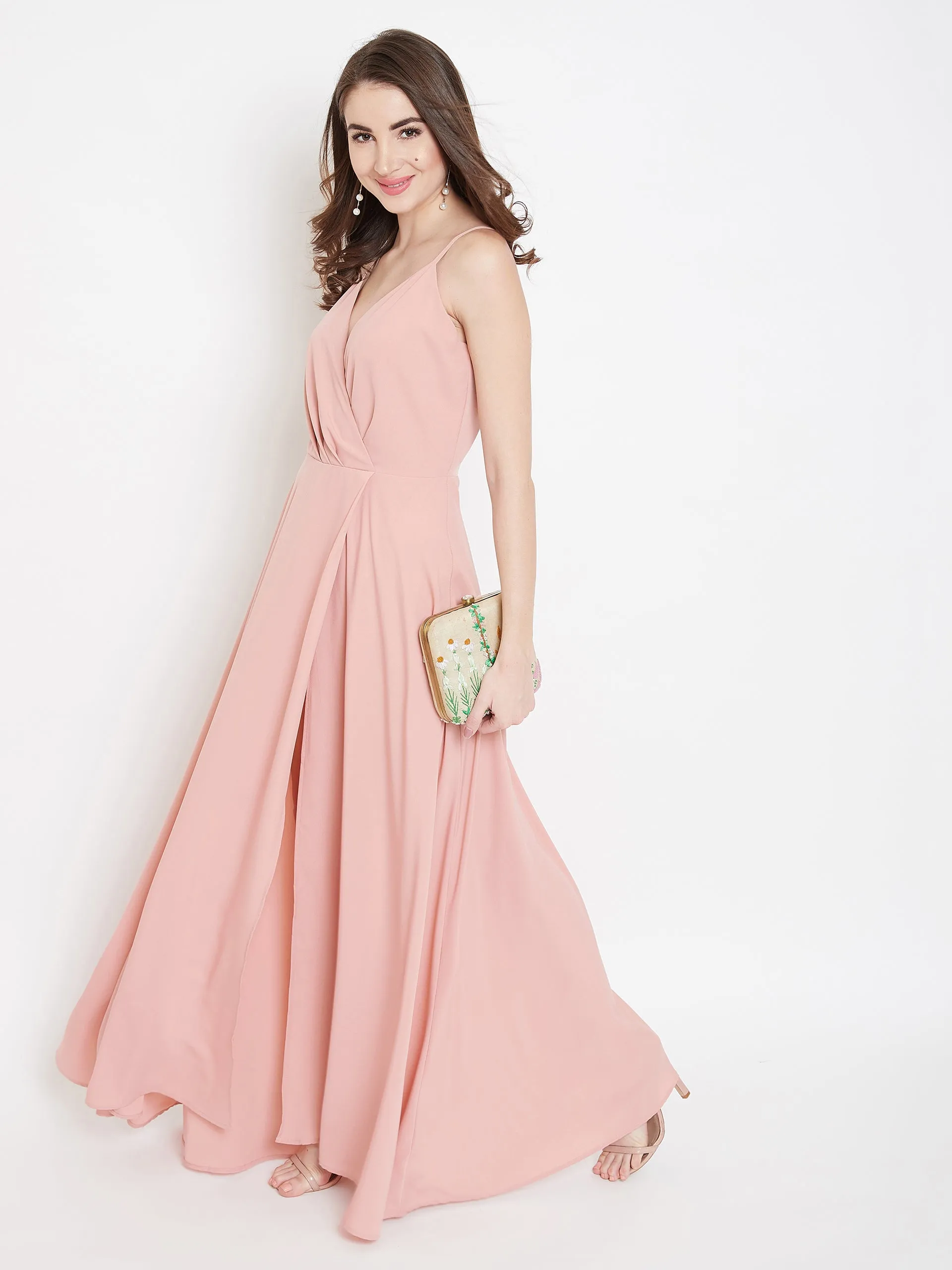 Berrylush Women Solid Light Pink V-Neck Sleeveless Crepe Thigh-High Slit A-Line Maxi Dress