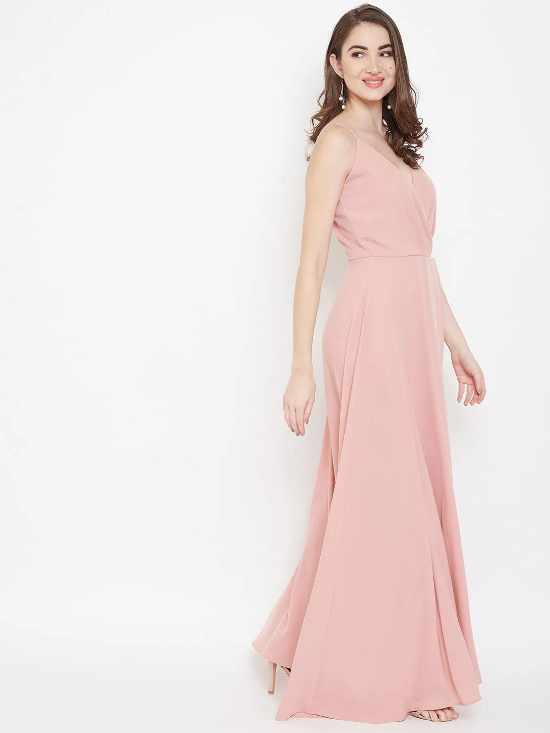 Berrylush Women Solid Light Pink V-Neck Sleeveless Crepe Thigh-High Slit A-Line Maxi Dress