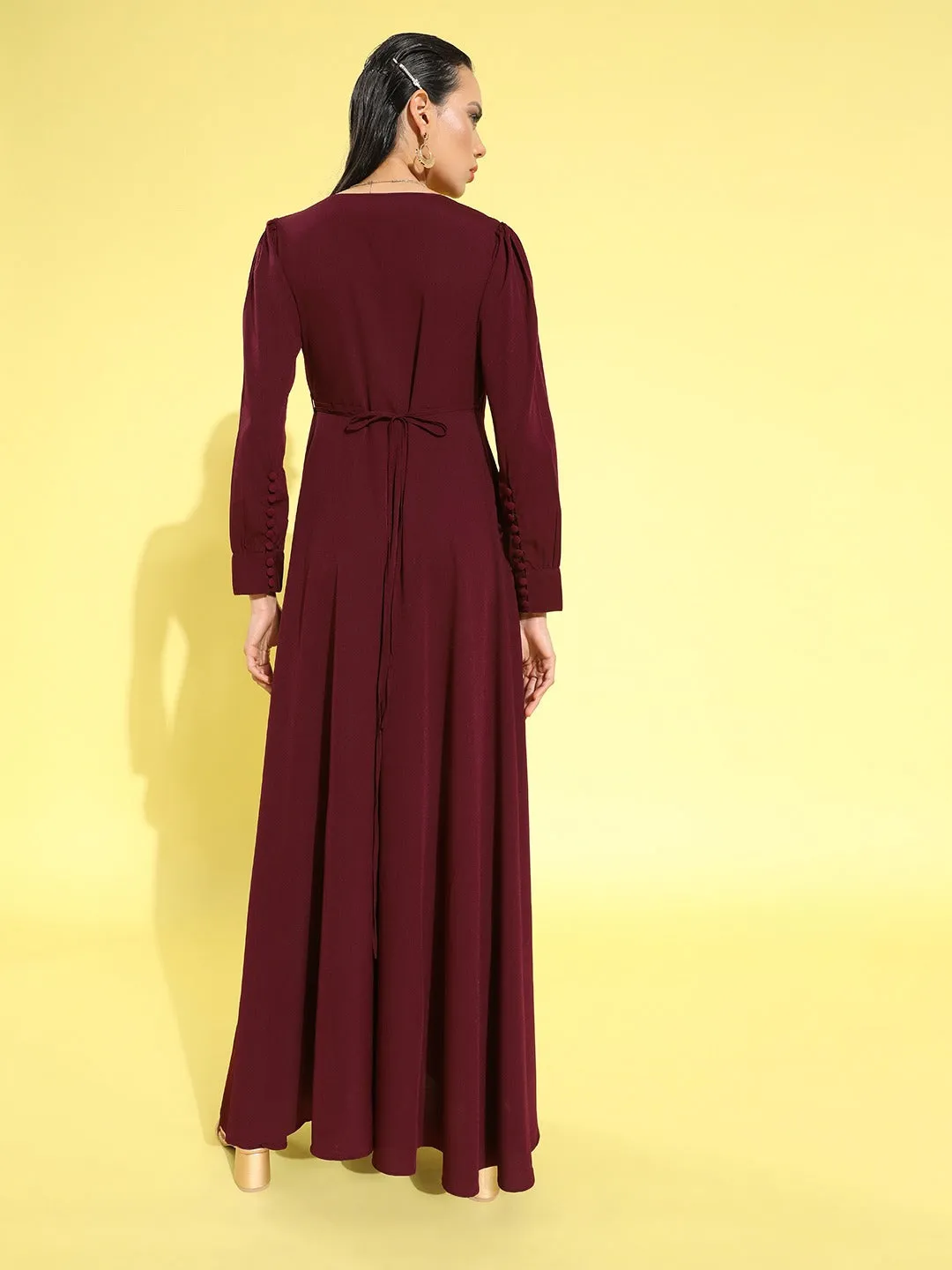 Berrylush Women Solid Maroon V-Neck Waist Tie-Up Thigh-High Slit Flared Maxi Dress