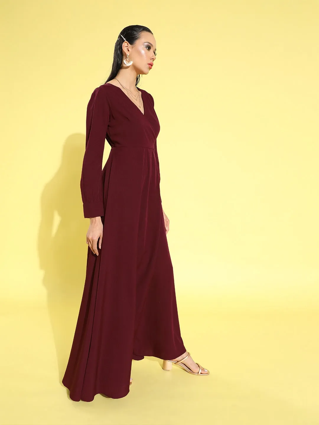 Berrylush Women Solid Maroon V-Neck Waist Tie-Up Thigh-High Slit Flared Maxi Dress