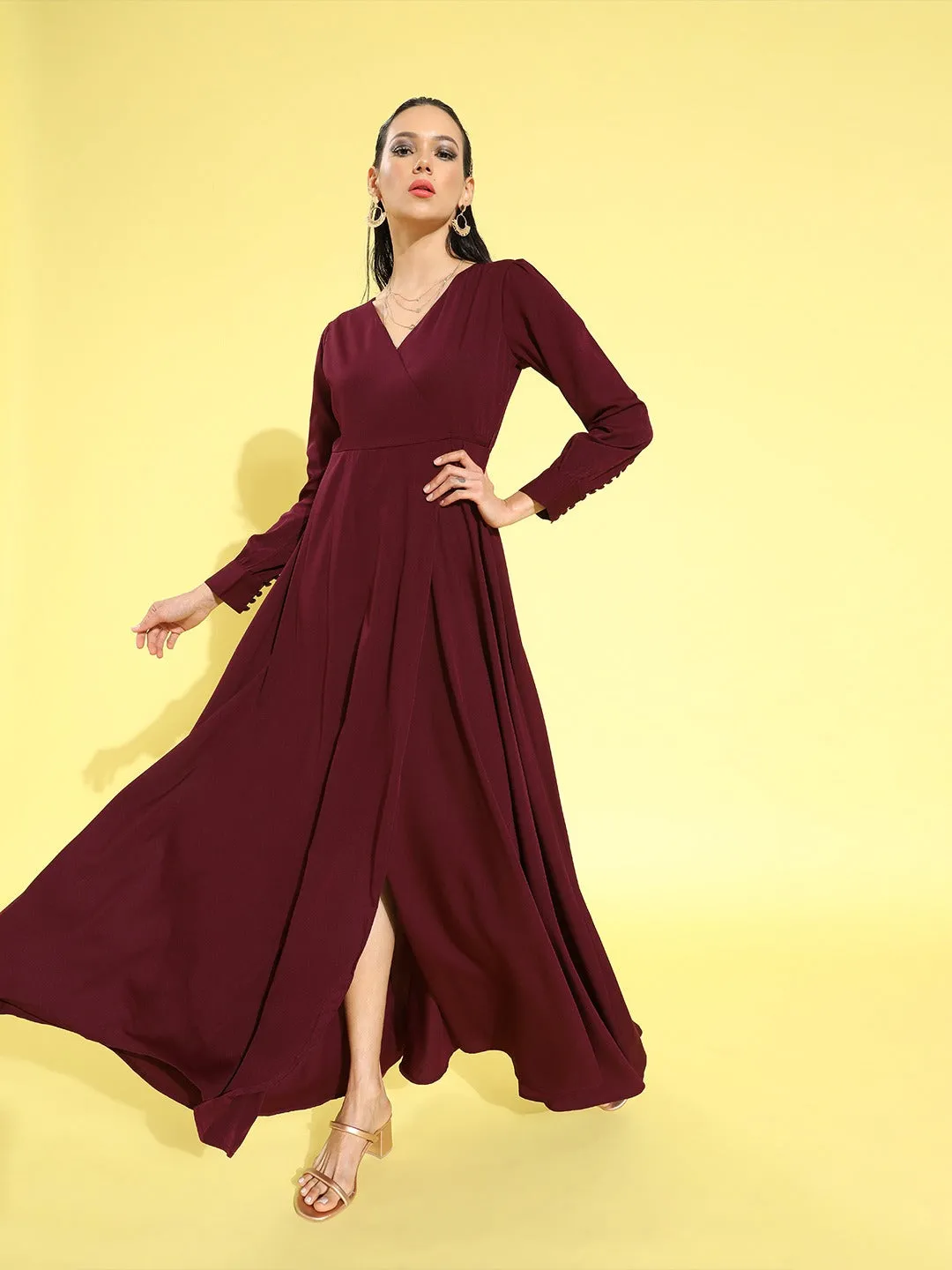 Berrylush Women Solid Maroon V-Neck Waist Tie-Up Thigh-High Slit Flared Maxi Dress