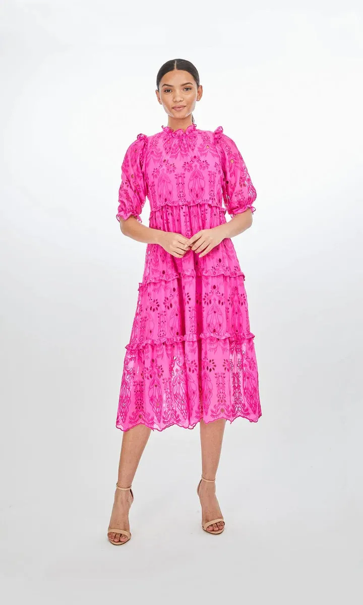 BIRDIE EMBROIDERED DRESS - HOT PINK