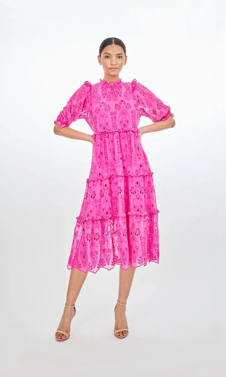 BIRDIE EMBROIDERED DRESS - HOT PINK