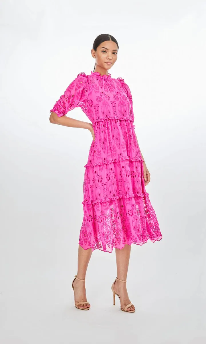 BIRDIE EMBROIDERED DRESS - HOT PINK