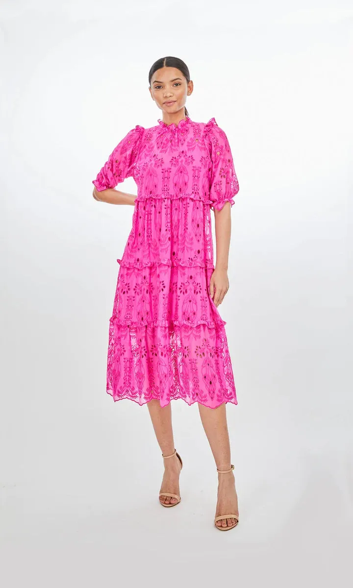 BIRDIE EMBROIDERED DRESS - HOT PINK