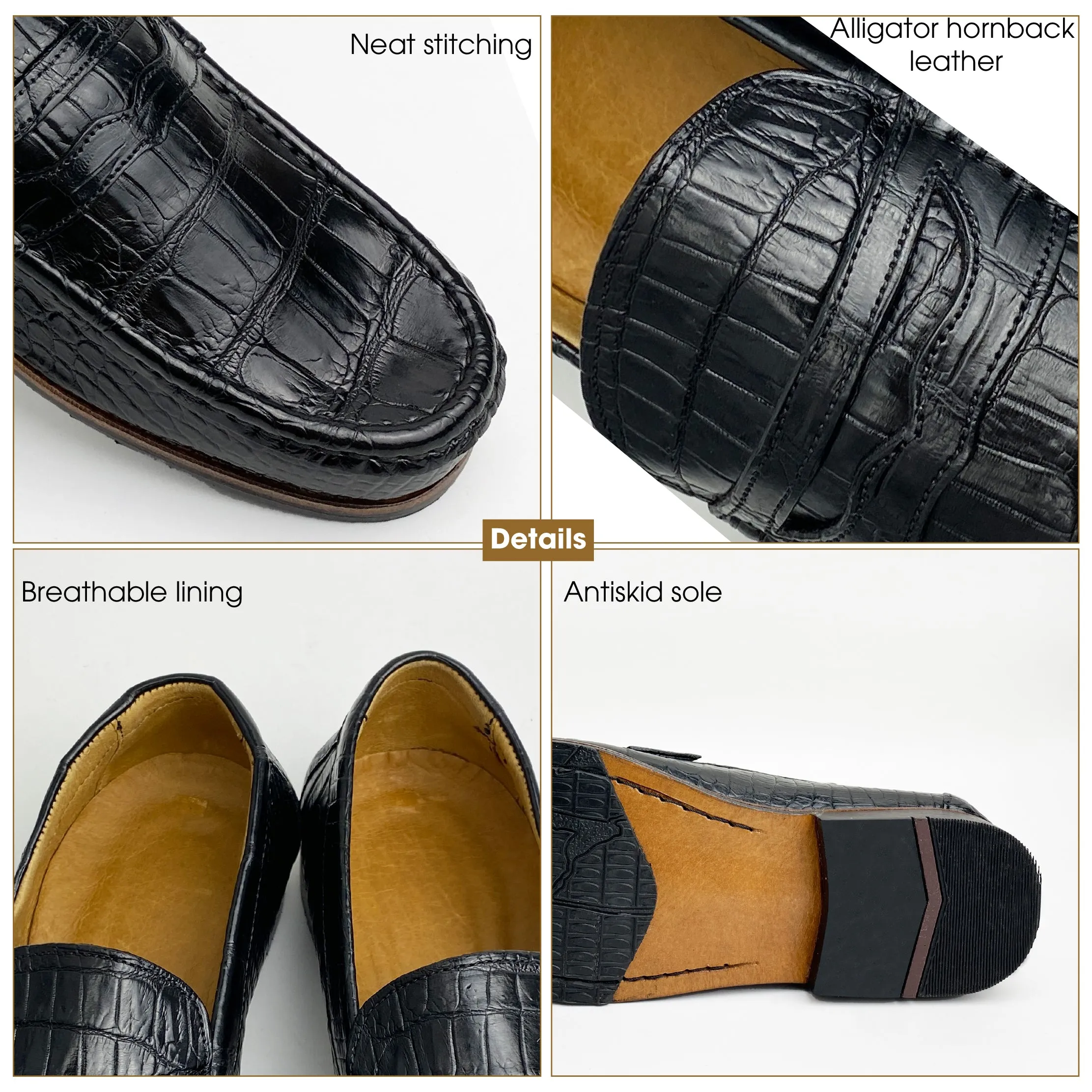 Black Alligator Leather Mens Penny Loafers | Crocodile Belly Skin Casual Loafer | SH41E42