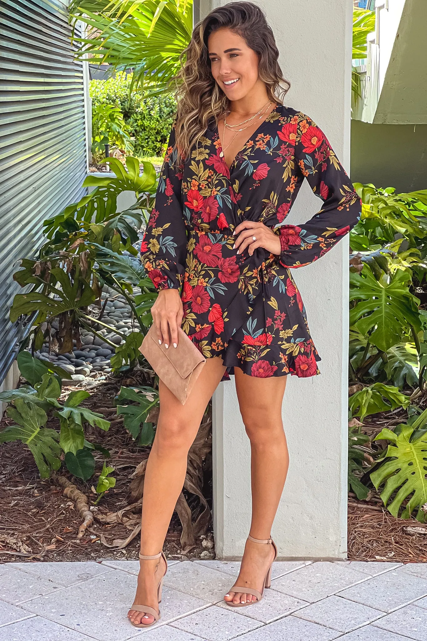 Black And Red Floral Wrap Short Dress