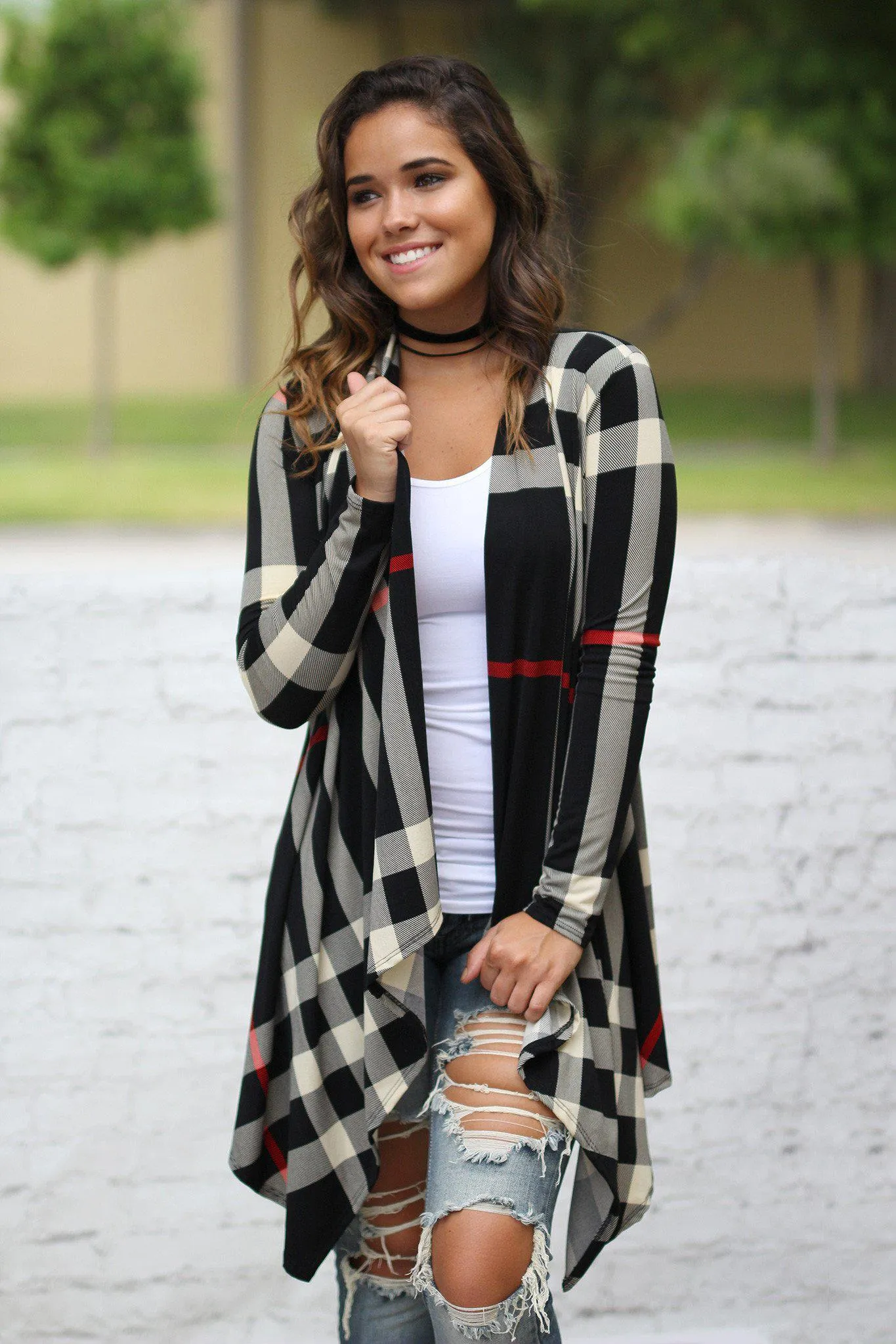 Black Check Print Cardigan