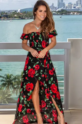 Black Floral High Low Dress with Tie Waist