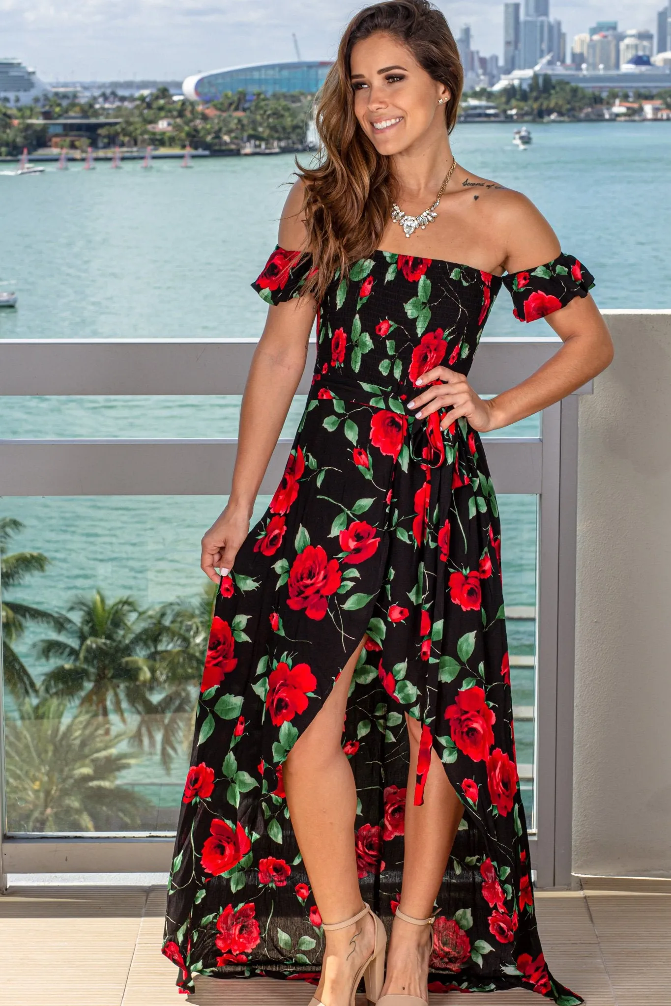 Black Floral High Low Dress with Tie Waist