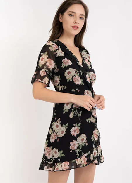 Black Floral Wrap Dress