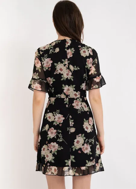 Black Floral Wrap Dress