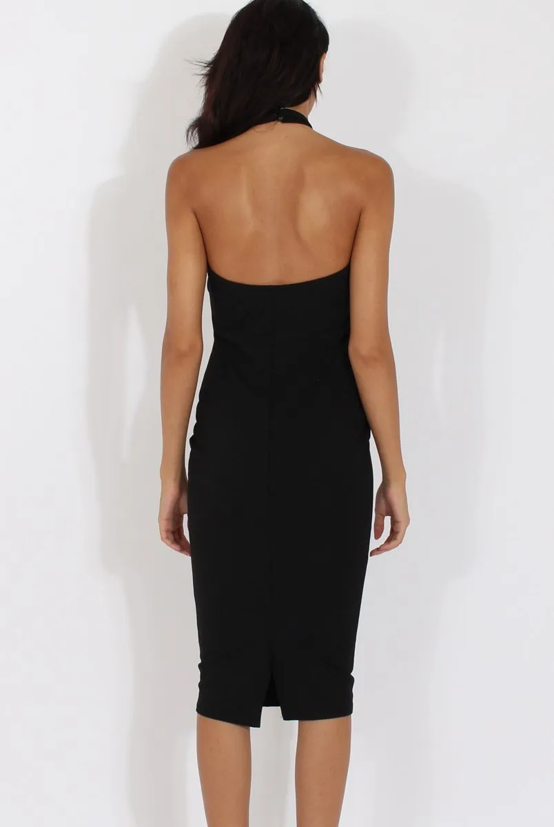 Black High Neck Backless Midi Dress - Petunia