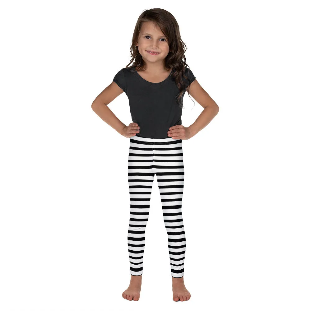 Black Horizontal Stripe Girl's Pants, Kid's Black White Leggings Elastic Fitness Tights- Made in USA/ EU