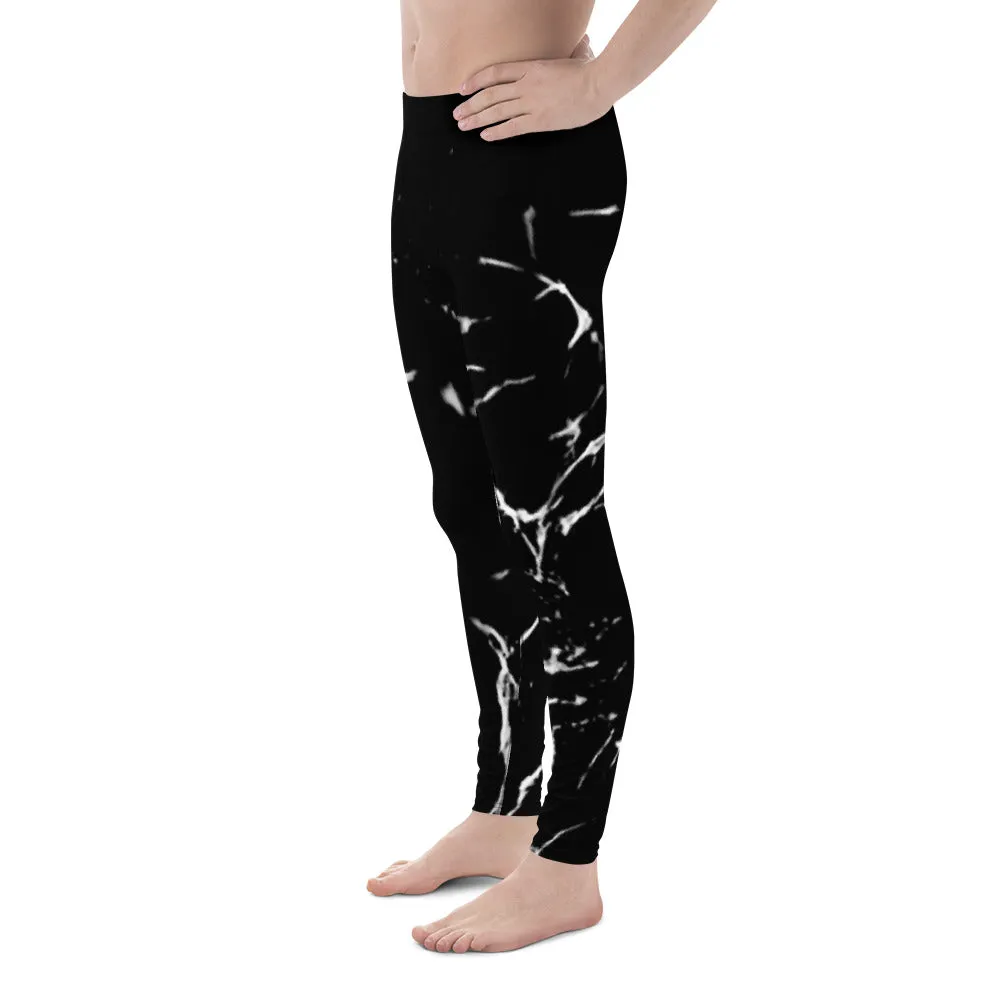 Black Marble Print Men's Leggings, Abstract Printed Meggings Run Tights-Made in USA/EU