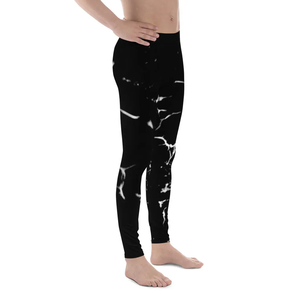 Black Marble Print Men's Leggings, Abstract Printed Meggings Run Tights-Made in USA/EU