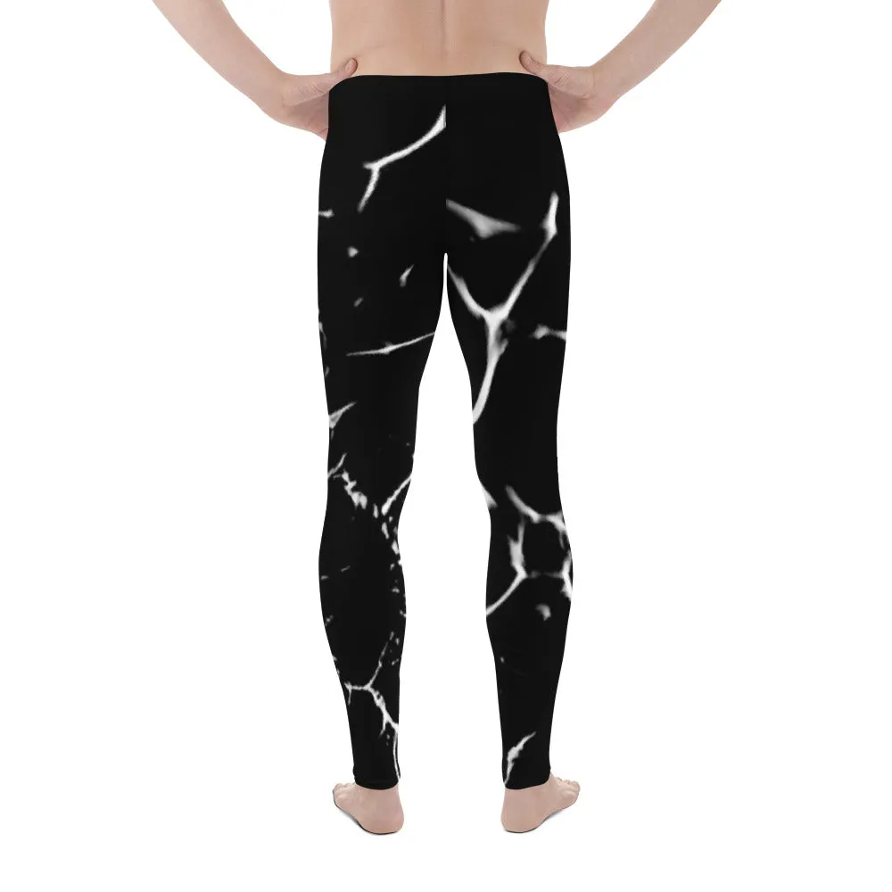 Black Marble Print Men's Leggings, Abstract Printed Meggings Run Tights-Made in USA/EU