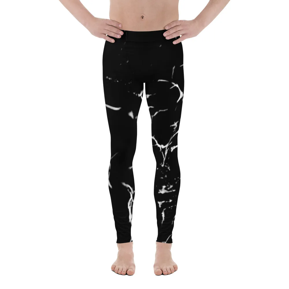 Black Marble Print Men's Leggings, Abstract Printed Meggings Run Tights-Made in USA/EU