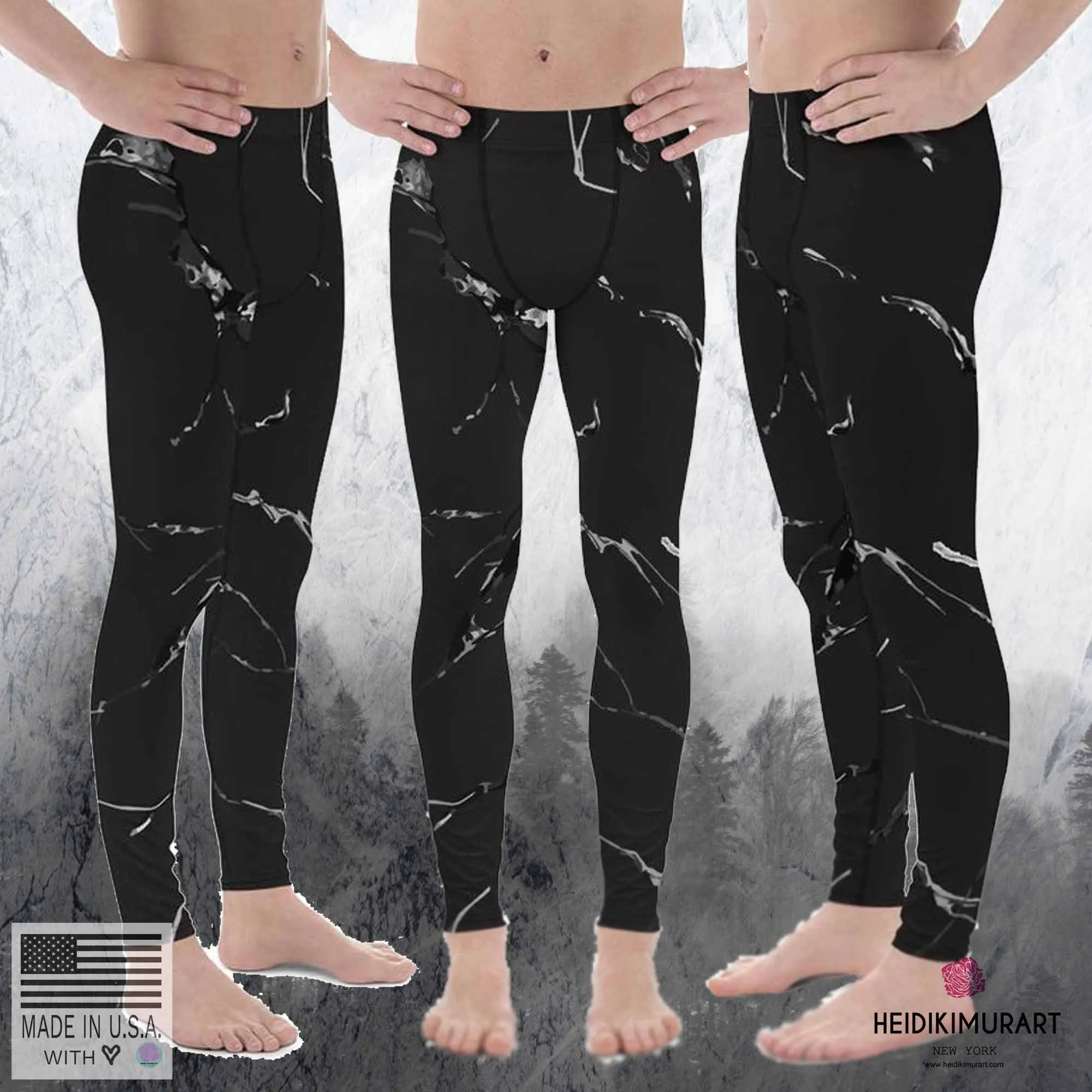 Black Marble Print Sexy Meggings, Premium Men's Workout Leggings-Made in USA/EU