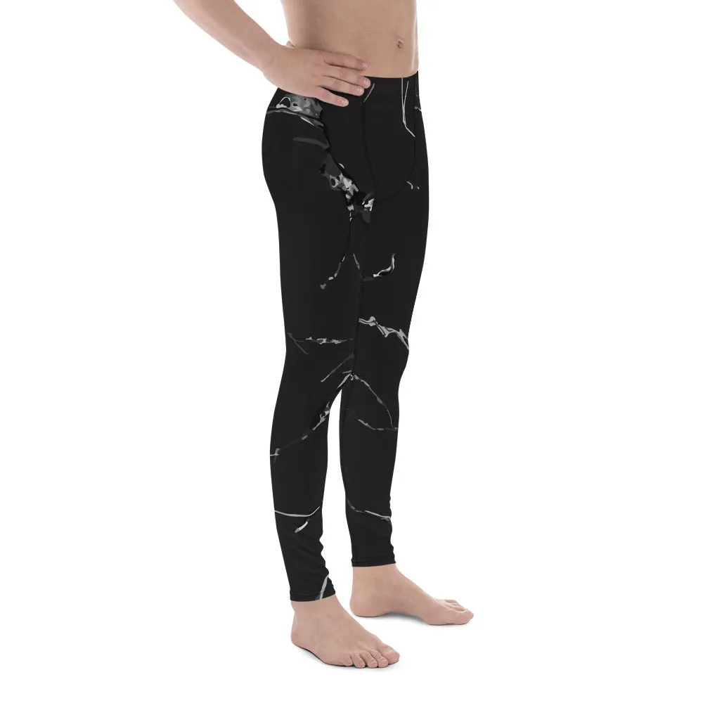 Black Marble Print Sexy Meggings, Premium Men's Workout Leggings-Made in USA/EU