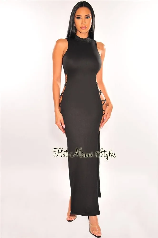 Black Mock Neck Lace Up Double Side Slit Dress