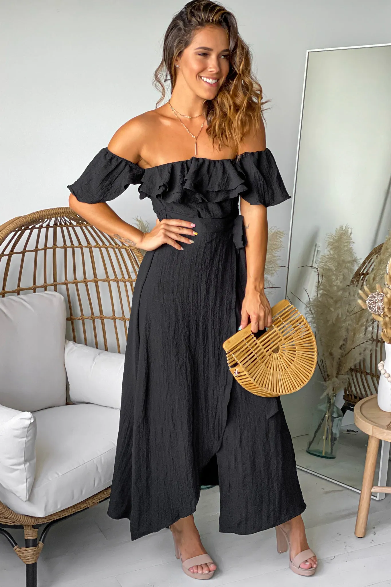 Black Off Shoulder Wrap Dress