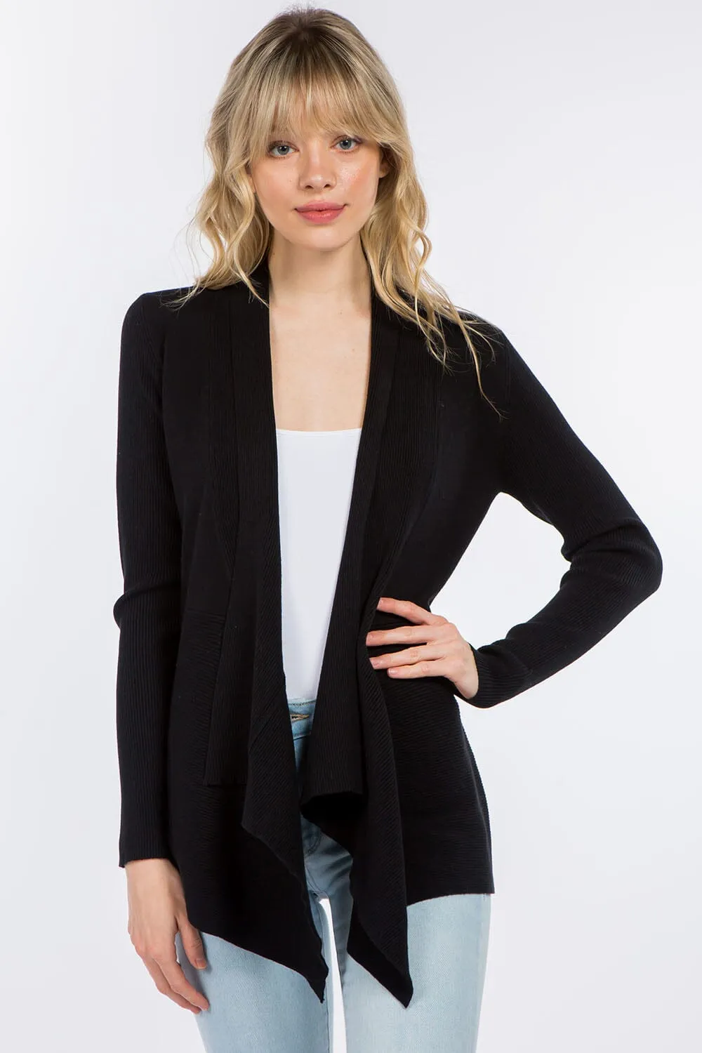 BLACK OPEN SOFT RIBBED SLEEVE CARDIGAN