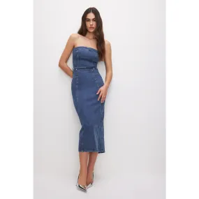 Blue Denim Tube Midi Dress