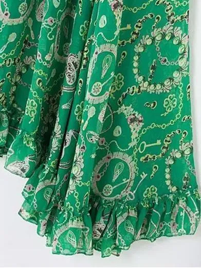 Bohemia Chiffon Green Flared Sleeves V-neck Maxi Dress