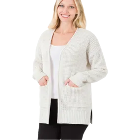 Bone Waffle Weave Open Cardigan