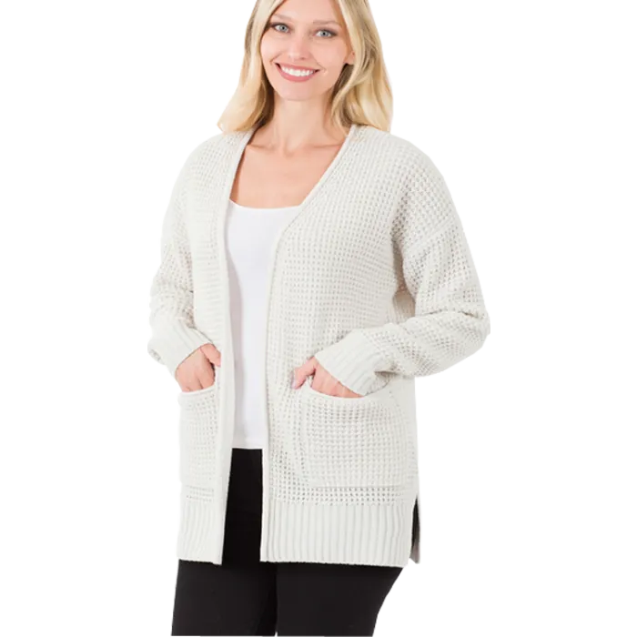 Bone Waffle Weave Open Cardigan